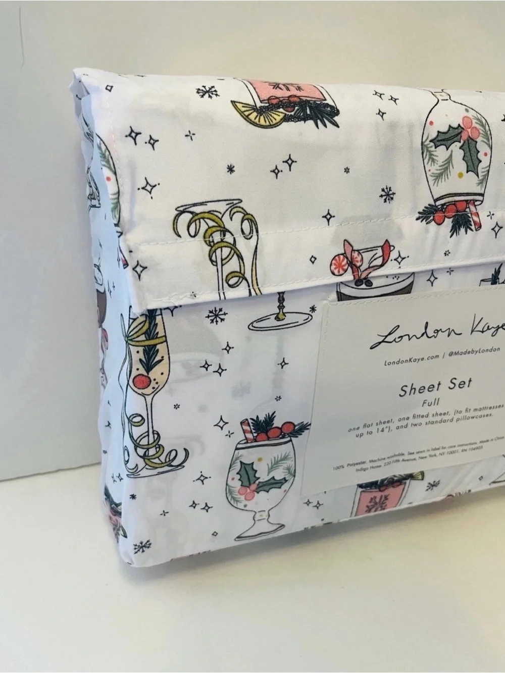 London Kaye Full Size White Sheet Set Deck the Cocktails Candy Cane Peppermint